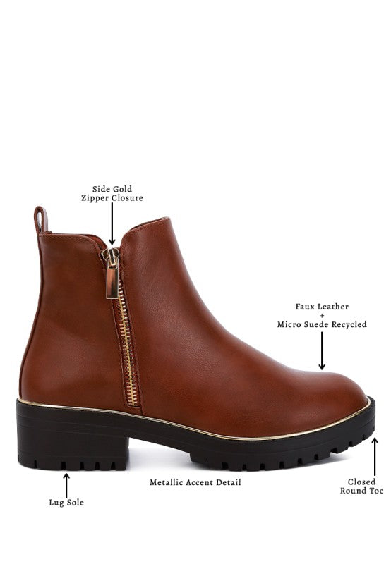 Rag Company stylish block heel boots for vacation with faux leather and gold zipper closure