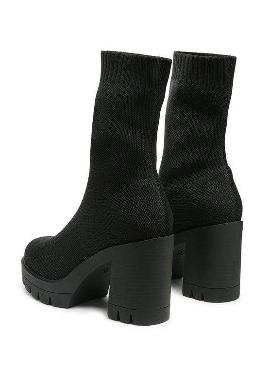 Rag Company black knitted women's boots featuring a stylish block heel footwear design