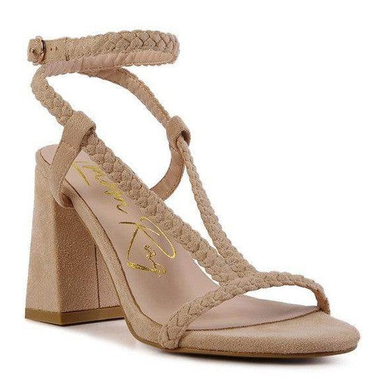 Rag Company stylish block heel shoes in beige with braided straps for trendy women's footwear