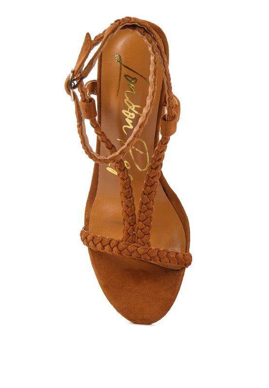 Rag Company stylish block heel shoes in brown with braided detail and ankle strap