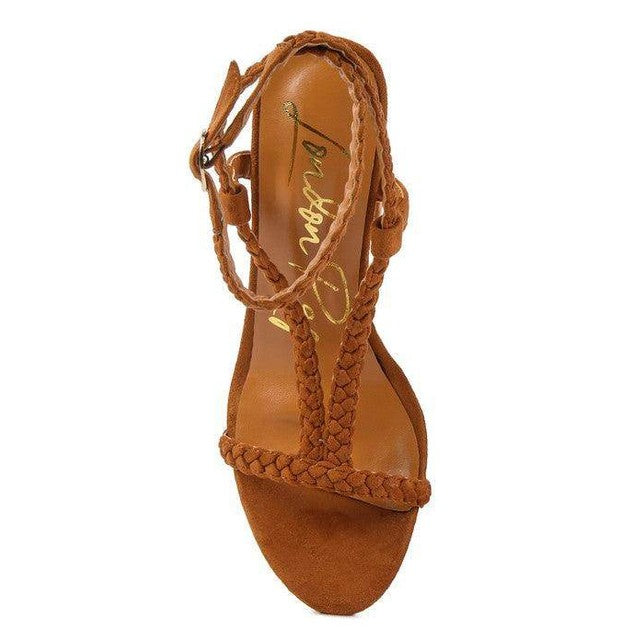 Rag Company stylish block heel shoes in brown with braided detail and ankle strap