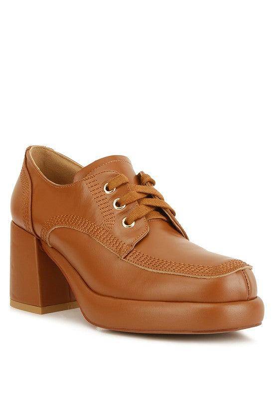 Rag Company stylish block heel shoes in tan leather with lace-up design and comfortable heel