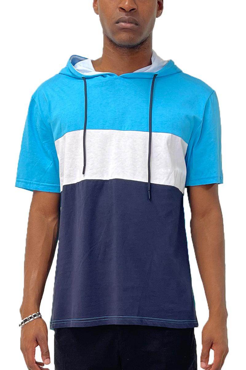 Men's WEIV stylish blue block tee with a hood and colorful block design for casual wear