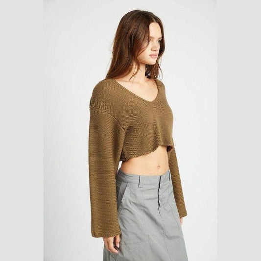 Emory Park stylish blue crop top with a relaxed fit and long bell sleeves, perfect for casual outfits