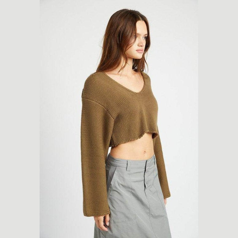 Emory Park stylish blue crop top with a relaxed fit and long bell sleeves, perfect for casual outfits