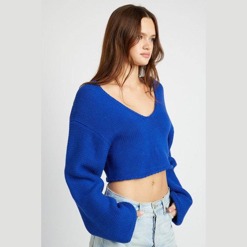 Stylish blue crop top by Emory Park featuring a V-neck and wide sleeves for a trendy look