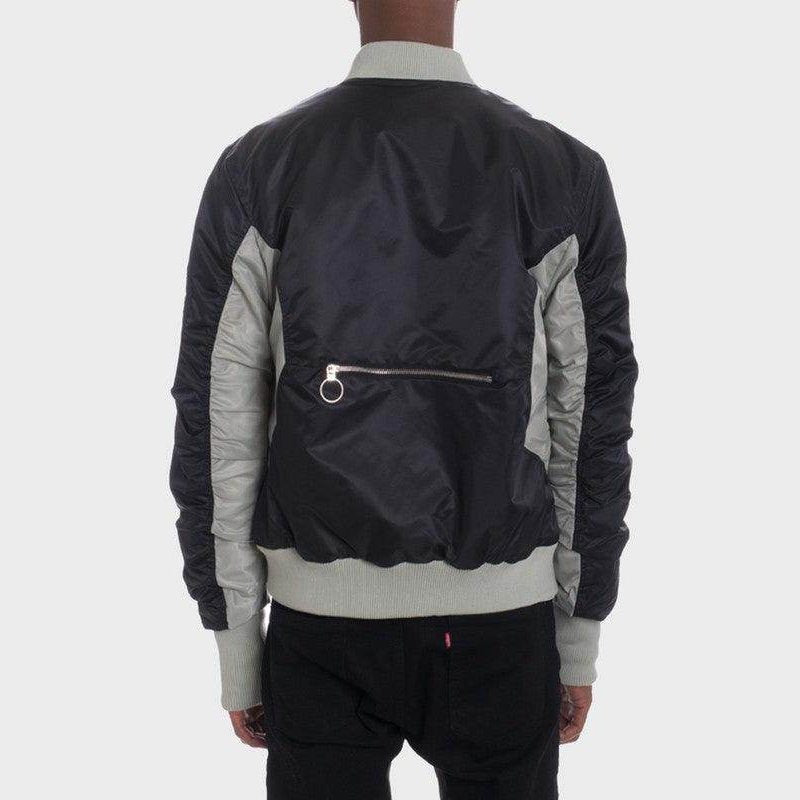 Stylish bomber jackets for men featuring contrasting materials and a zippered detail on the back