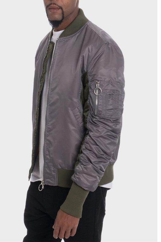 WEIV stylish bomber jackets for men in olive green and gray with a zip pocket and ribbed cuffs