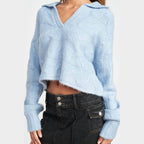 Emory Park stylish cableknit sweater in light blue with a cropped design and wide sleeves
