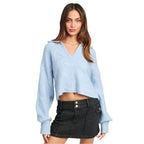 Emory Park stylish cableknit sweater in light blue with a cropped fit and v-neck design