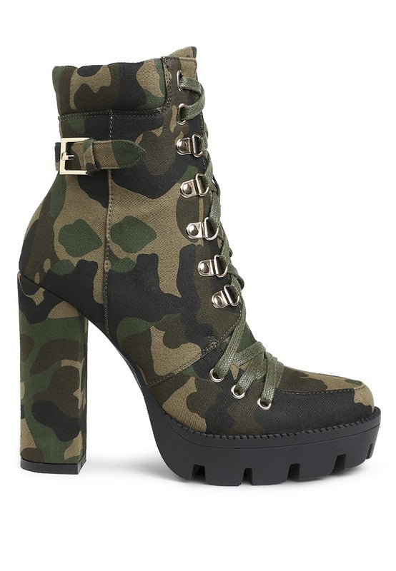 Rag Company stylish camo boots for vacations with high heels and lace-up design