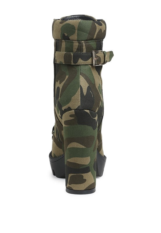 Rag Company stylish camo boots for vacations with a chunky heel and adjustable strap detail