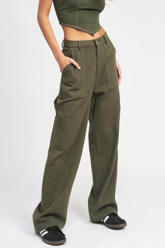 Emory Park stylish cargo pants for travel in olive green with a relaxed fit and side pockets