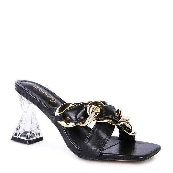 Rag Company stylish clear strap heels with chain detail and unique transparent heels