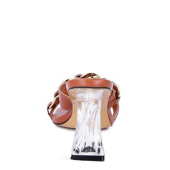 Back view of stylish clear strap heels with a chic design and transparent heel for women
