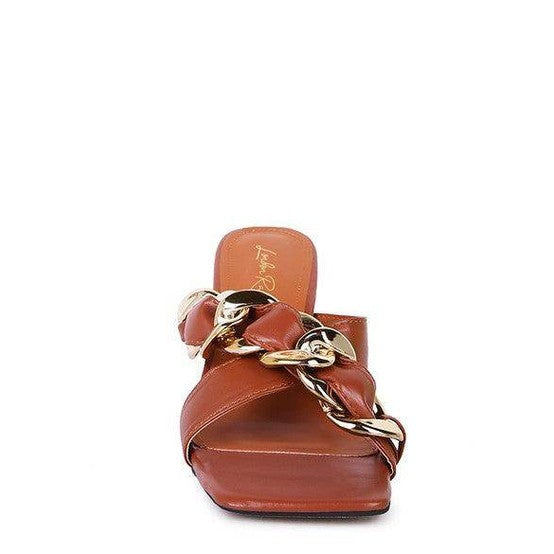 Stylish clear strap heels by Rag Company featuring a trendy chain design in brown leather