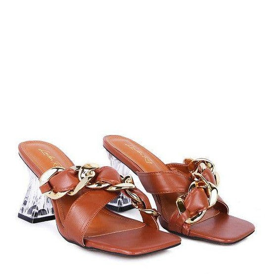 Rag Company stylish clear strap heels in brown with a chic gold chain detail and a transparent block heel