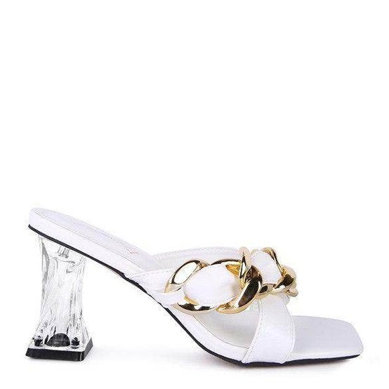 Rag Company stylish clear strap heels with a unique chain detail and transparent block heel