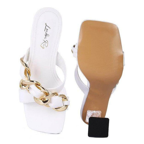 Rag Company stylish clear strap heels in white with gold chain detail and comfortable footbed