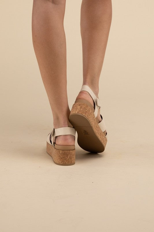 Stylish cork wedge sandals women by Fortune Dynamic with beige straps and comfortable cork soles