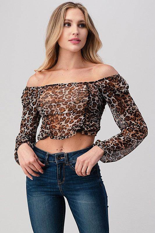 Leopard Print Off-Shoulder Stylish Crop Tops for Vacation with Long Sleeves and Flattering Fit