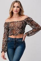 Leopard Print Stylish Crop Tops for Vacation with Off-Shoulder Design and Long Sleeves