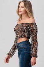 Stylish Crop Tops for Vacation featuring a leopard print design with off-the-shoulder sleeves