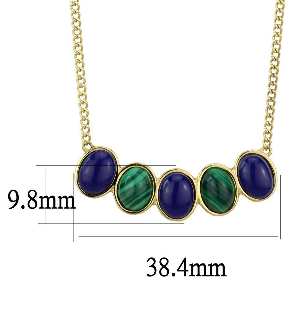 Stylish gold necklace for travel featuring five colorful stones in blue and green accents