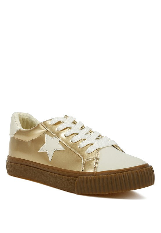 Rag Company women's gold sneakers, stylish walking shoes for sightseeing tours