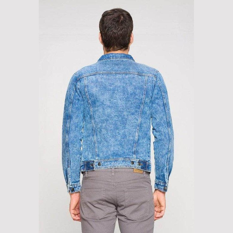Men's stylish jean jackets for men in sky blue denim with a classic back view