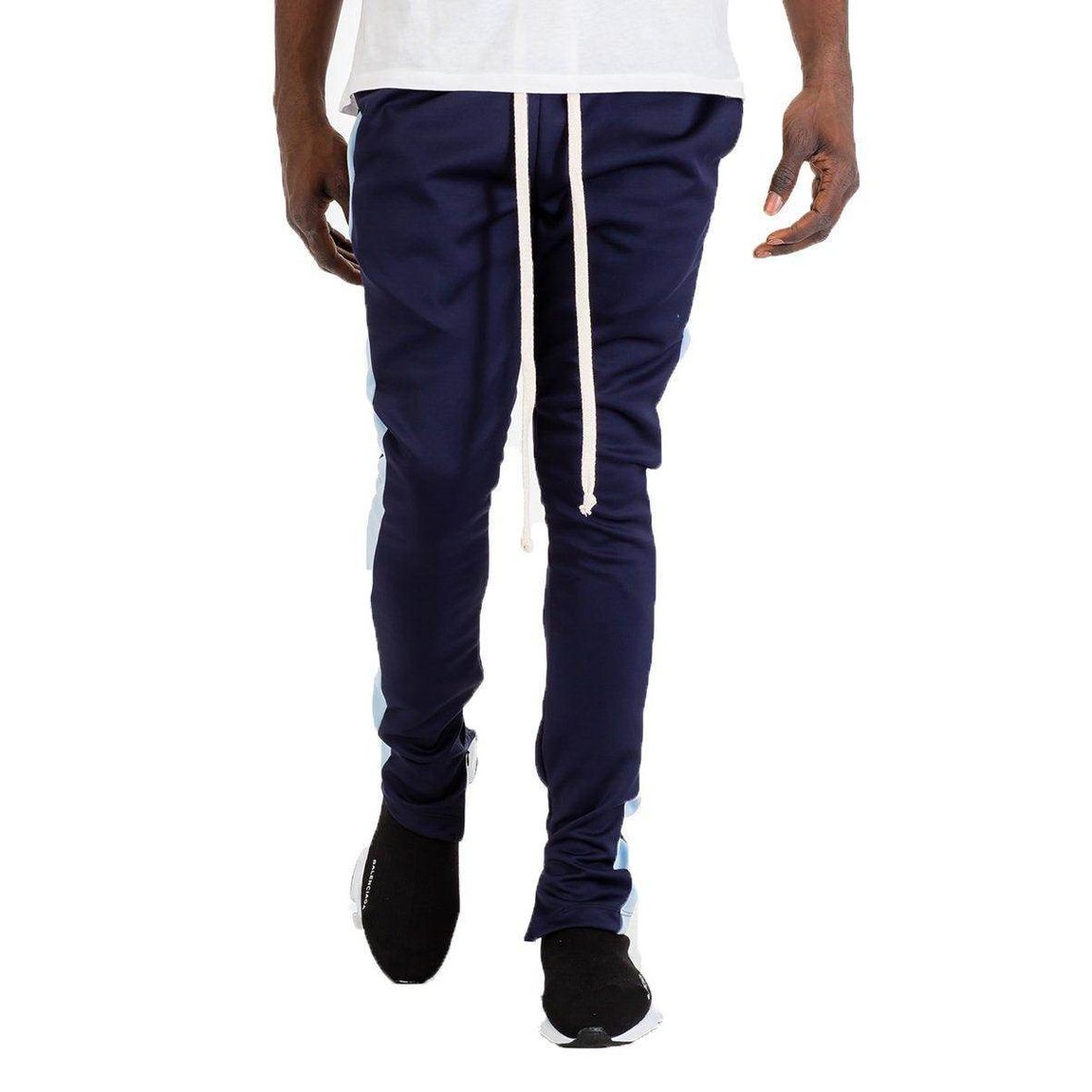 Stylish joggers for men in navy blue with light blue side panels and adjustable drawstring