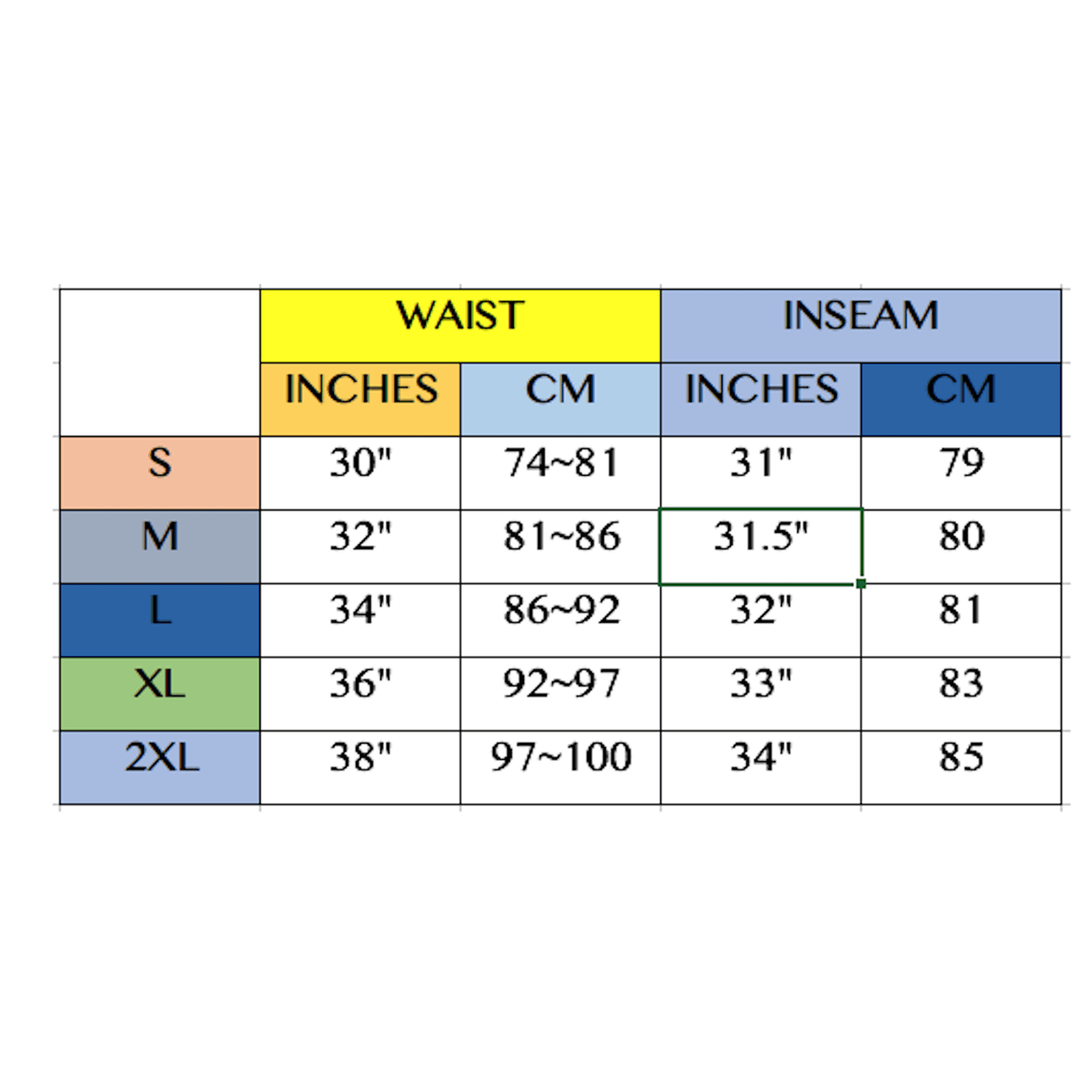 Stylish joggers for men in various sizes with a waist and inseam measurement chart for perfect fit