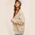 La Miel stylish knit cardigan in beige with geometric patterns, perfect for layering in cool weather