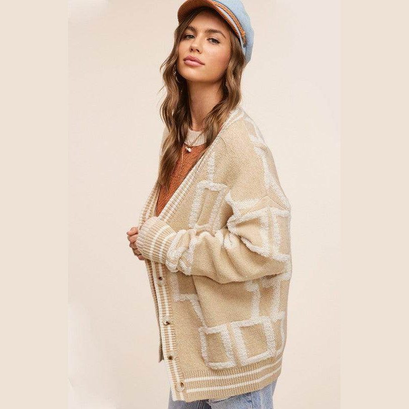 La Miel stylish knit cardigan in beige with geometric patterns, perfect for layering in cool weather