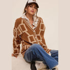 La Miel stylish knit cardigan in brown with geometric patterns, perfect for casual wear and layering