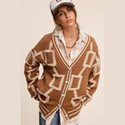 La Miel stylish knit cardigan in brown with geometric patterns and button closure for a trendy look