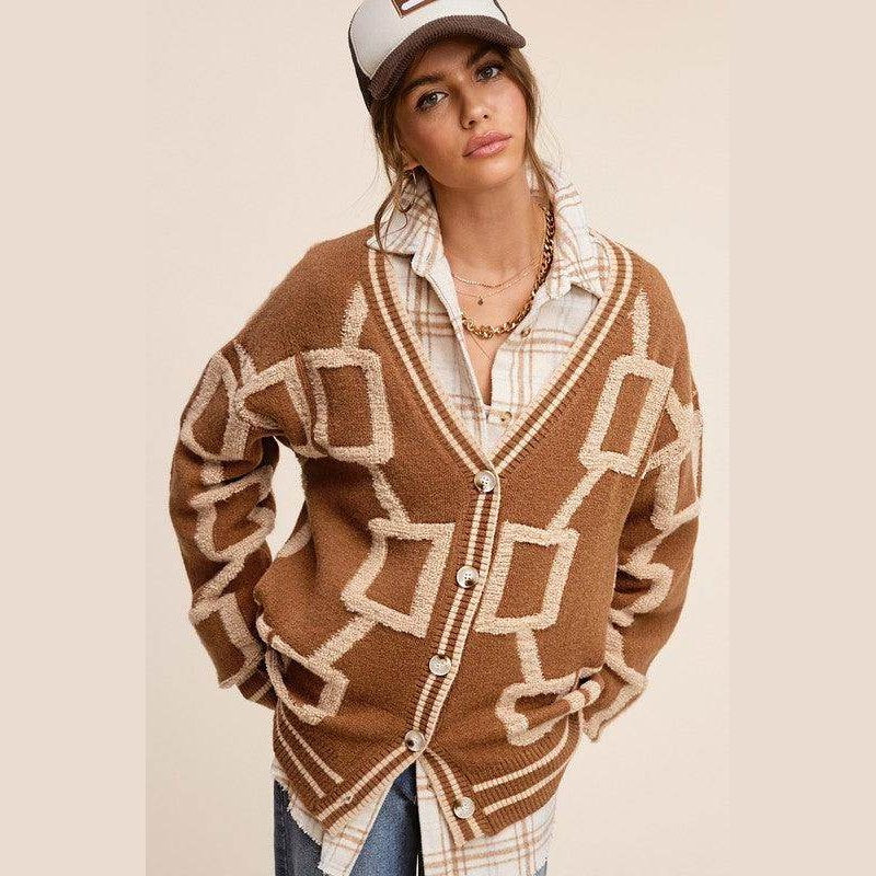 La Miel stylish knit cardigan in brown with geometric patterns and button closure for a trendy look