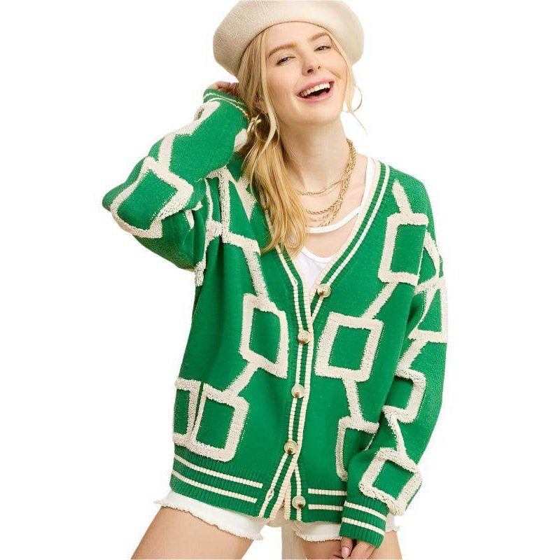 La Miel stylish knit cardigan in green with geometric patterns and button front for a trendy look