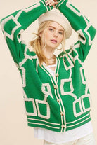 La Miel stylish knit cardigan in green with geometric design and button closure for trendy outfits