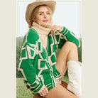 La Miel stylish knit cardigan in green with geometric patterns for a trendy look