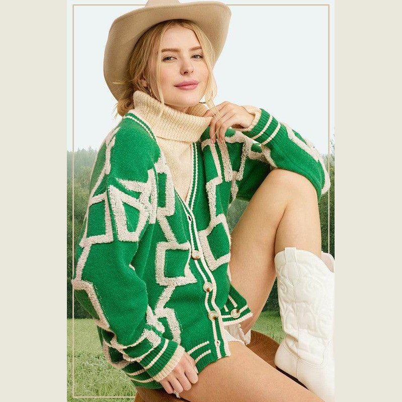 La Miel stylish knit cardigan in green with geometric patterns for a trendy look