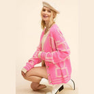 La Miel stylish knit cardigan in pink with geometric patterns, perfect for trendy casual outfits