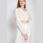 Emory Park stylish long sleeve crop shirt in cream with a collared neckline and relaxed fit