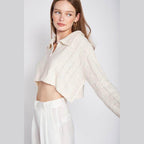 Emory Park stylish long sleeve crop shirt in cream with a collared neckline and textured fabric