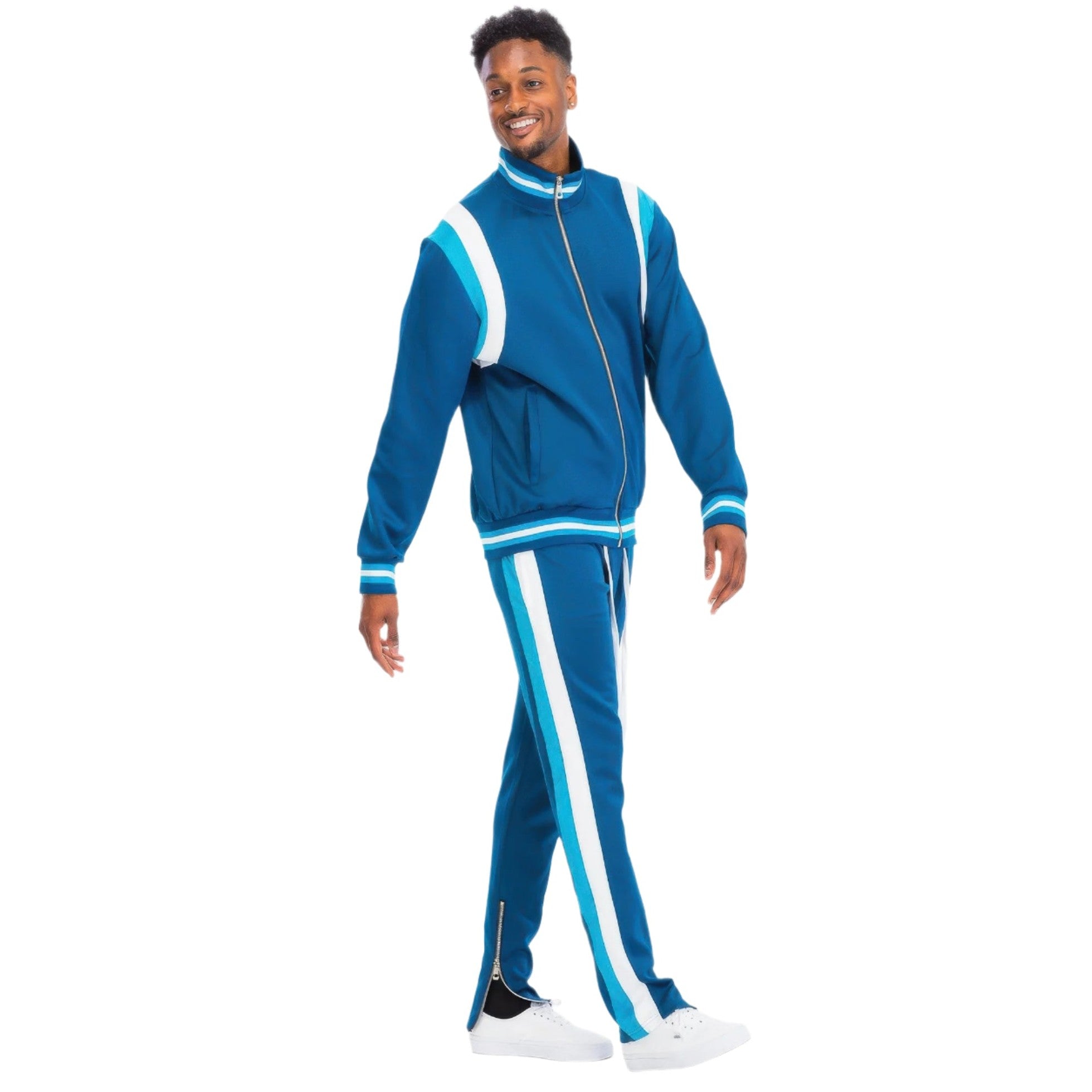 VacationGrabs stylish mens tracksuit set in blue with contrasting stripes for comfort and style