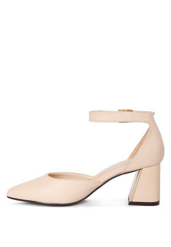 Rag Company stylish metallic sandals in nude with a block heel and ankle strap for elegant occasions