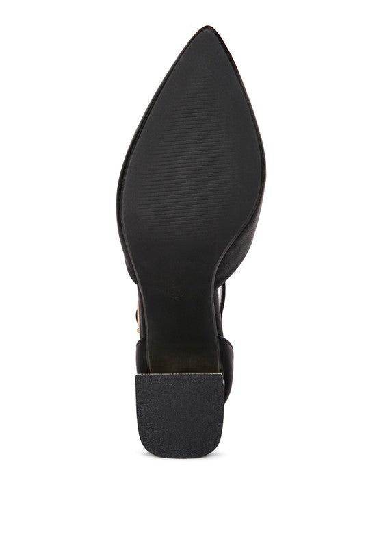 Sleek black heels with a pointed toe design from Rag Company for a chic look, featuring stylish metallic sandals
