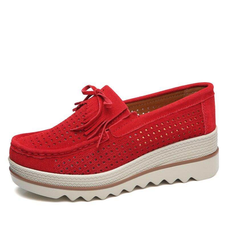 VacationGrabs stylish moccasin loafers in red with perforated design and cushioned sole for comfort