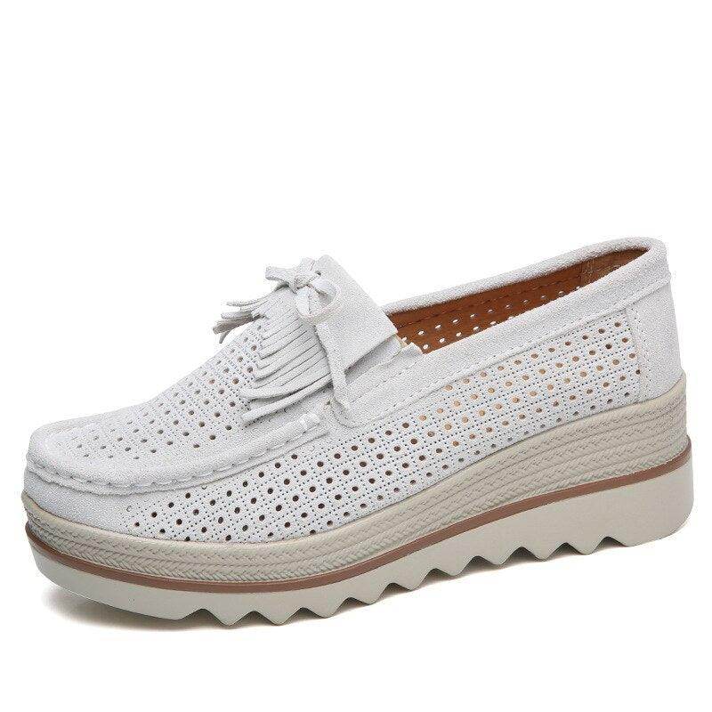 VacationGrabs stylish moccasin loafers in white with perforated design and comfortable wedge sole