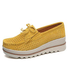 VacationGrabs stylish moccasin loafers in yellow with a comfortable wedge sole and perforated design